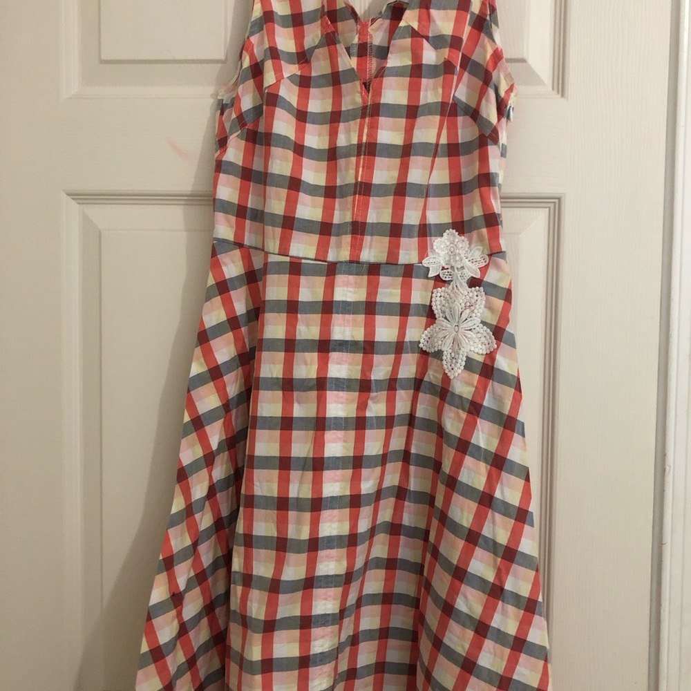 Plaid Sleeveless Casual Dress with Lace Detail - Red, Blue & Cream